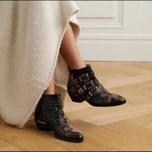 CHLOE Susanna Studded Leather Ankle Boots Black Gold 37.5